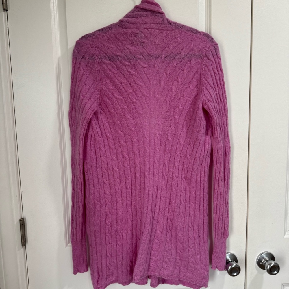 White + Warren 100% Cashmere Cable Knit Open Front Longline Cardigan Orchid M - Picture 5 of 7